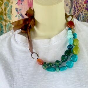 Multicolor Agate Boho Necklace with Ribbon Tie